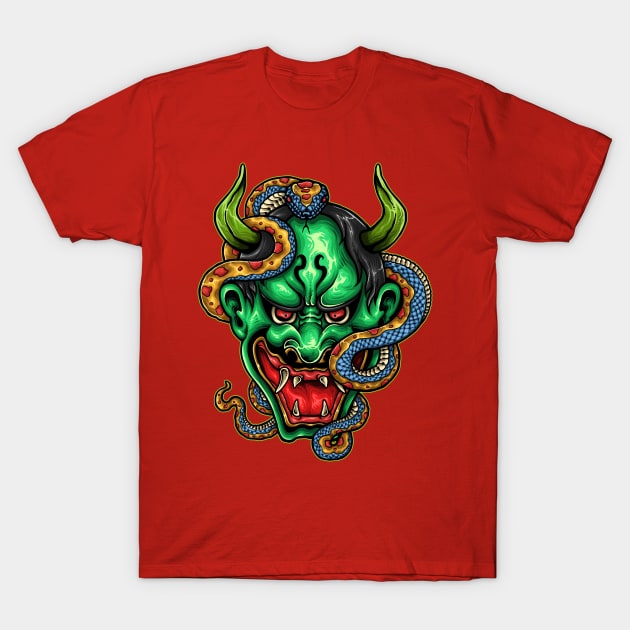 Japanese Demon with Snake T-Shirt by Printaha